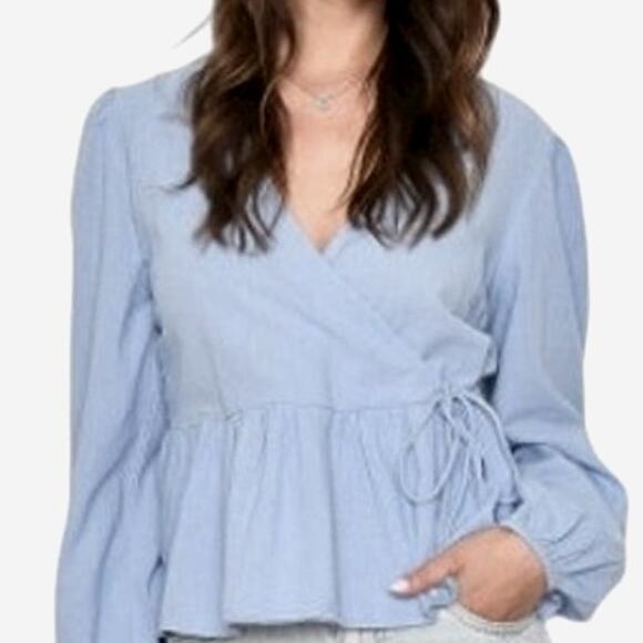 NWT Rachel Zoe Linen Top Blouse Peplum Wrap Tie Waist Women M Blue 100% Linen - Picture 2 of 13